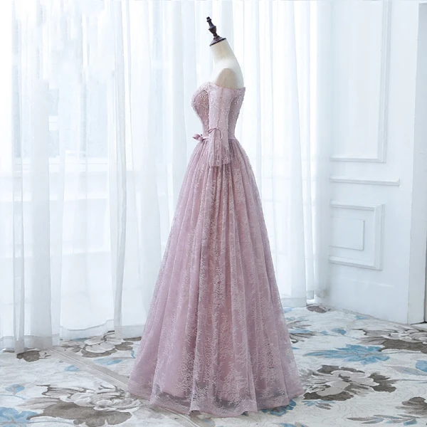 Chic / Belle Robe De Soirée 2017 De l'épaule 1/2 Manches Perlage Noeud Ceinture Volants Dentelle Longue Robe De Ceremonie