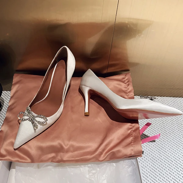 Chic / Beautiful Black Evening Party Rhinestone Bow Pumps 2021 Leather 8 cm Stiletto Heels Pointed Toe Pumps High Heels