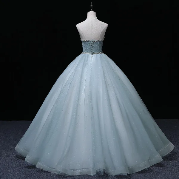 Chic / Beautiful Sky Blue Pearl Sequins Prom Dresses 2022 Ball Gown Strapless Sleeveless Backless Floor-Length / Long Formal Dresses