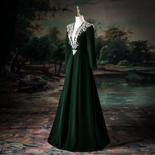 Vintage / Retro Dark Green Beading Sequins Velvet Prom Dresses 2025 A-Line / Princess V-Neck Long Sleeve Floor-Length / Long Prom Formal Dresses