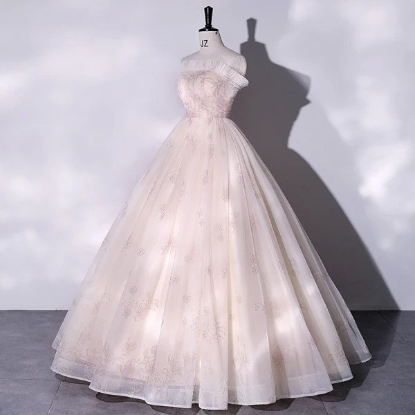 Chic / Beautiful Champagne Glitter Prom Dresses 2022 Ball Gown Strapless Sleeveless Backless Floor-Length / Long Formal Dresses