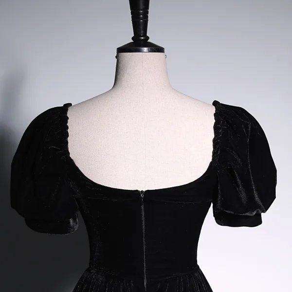 Chic / Beautiful Black Velvet Evening Dresses 2023 A-Line / Princess Off-The-Shoulder Short Sleeve Backless Floor-Length / Long Evening Party Formal Dresses
