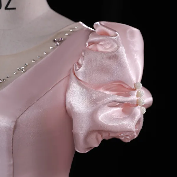 Lovely Blushing Pink Rhinestone Satin Prom Dresses 2023 Ball Gown Scoop Neck Puffy Short Sleeve Backless Floor-Length / Long Prom Formal Dresses