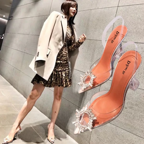 Sexy Transparent Silver Evening Party Rhinestone Slingbacks Womens Sandals 2020 9 cm Stiletto Heels Pointed Toe Sandals