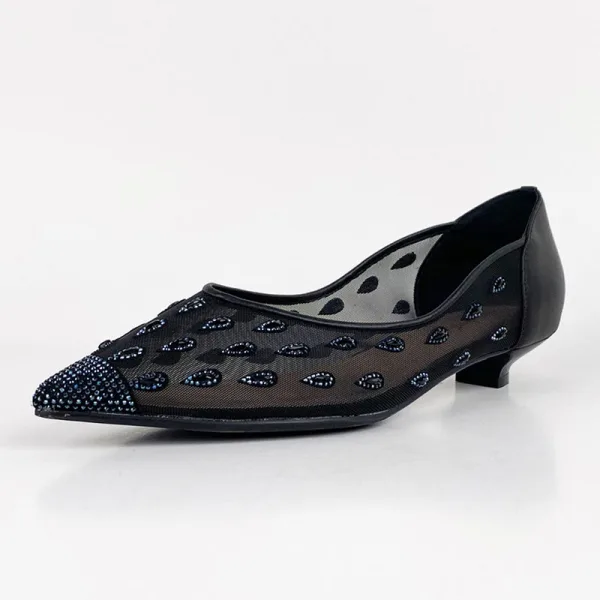 Charming Beige Street Wear Leather Pumps 2020 Pierced Rhinestone 3 cm Stiletto Heels Pointed Toe Low Heel Pumps
