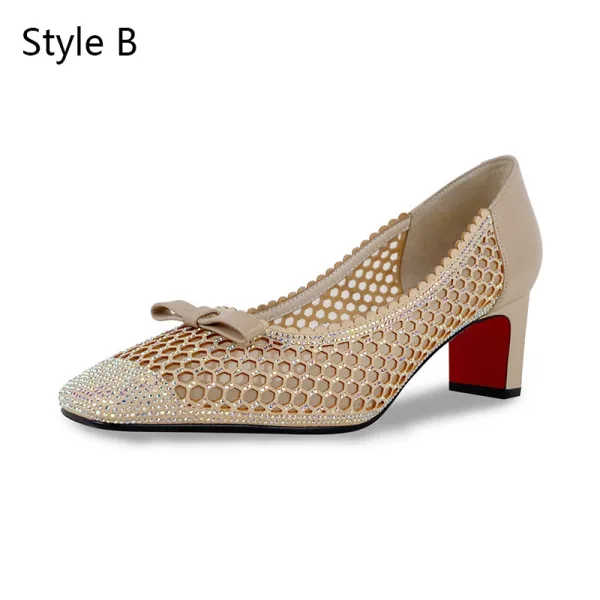 Fashion Black Casual Leather Pumps 2020 Rhinestone Bow 7 cm Thick Heels Square Toe Pumps
