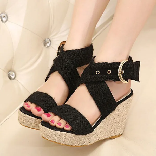 Roman Brown Street Wear Braid Womens Sandals 2020 Ankle Strap 10 cm Wedges Open / Peep Toe Sandals