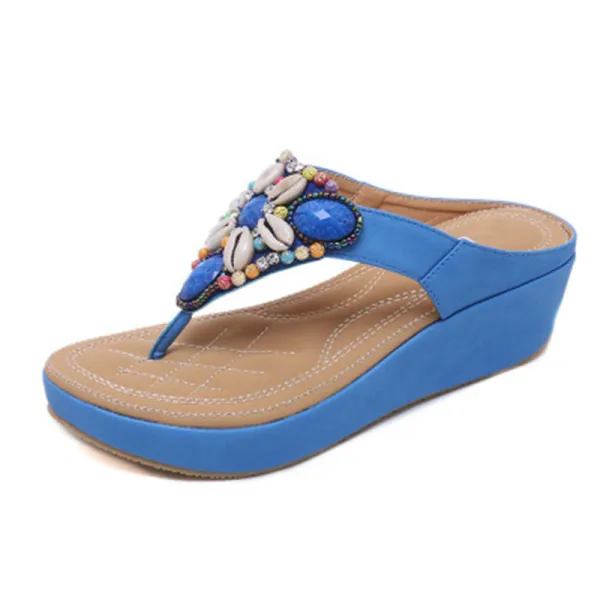Bohême Rouge Plage Pantoufle & Tongs 2020 Cristal Faux Diamant Plateforme Peep Toes / Bout Ouvert Plat Chaussures Femmes