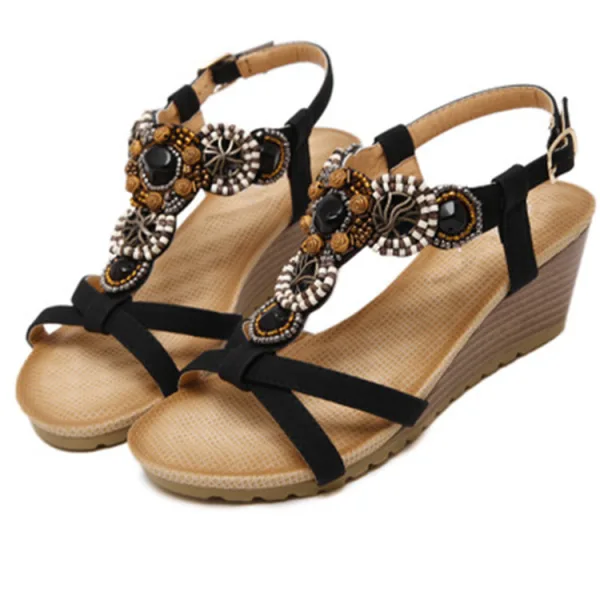 Beige Plage PU Tomber Printemps Été Perlage Compensées 6 cm Sandales 6 cm Peep Toes / Bout Ouvert Bohême 2020 Sandales Femme