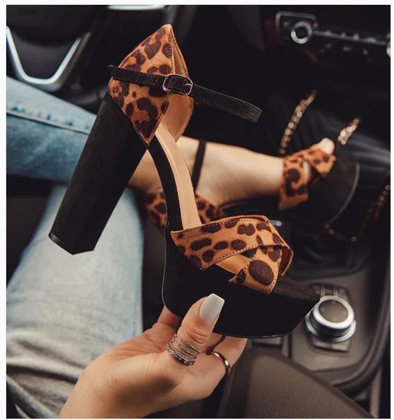 Chic / Beautiful Brown Street Wear Leopard Print Womens Sandals 2020 Suede Ankle Strap 11 cm Thick Heels Open / Peep Toe Sandals