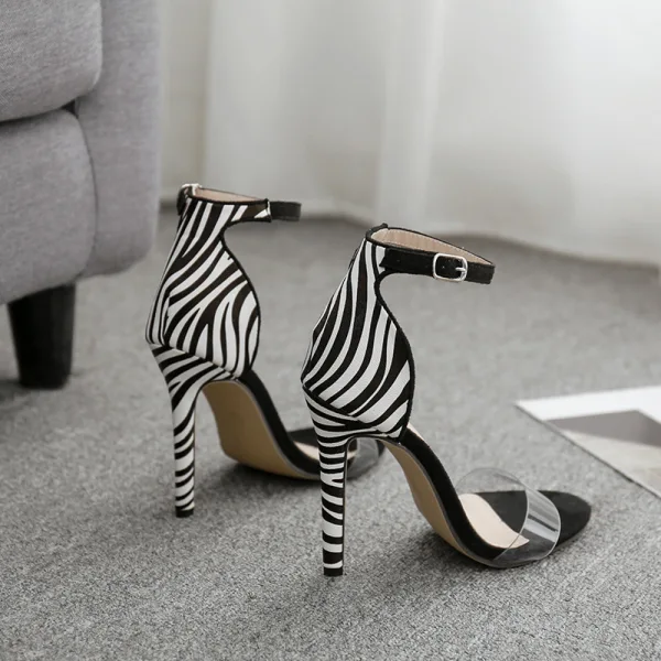 Charmant Schwarz Cocktail Zebramuster Sandalen Damen 2020 11 cm Stilettos Peeptoes Sandaletten