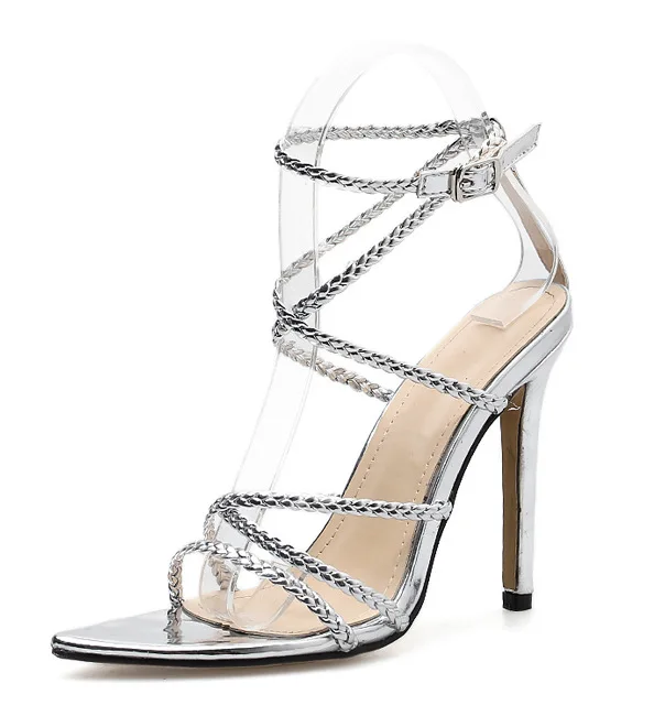 Sexy Silber Abend Flechten Sandalen Damen 2020 X-Riemen 11 cm Stilettos Spitzschuh Sandaletten