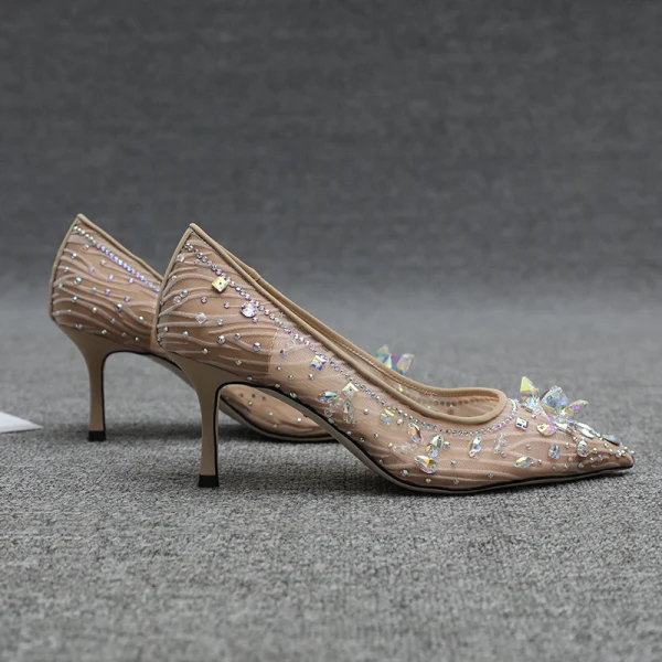 Charmant Beige Abend Spitze Pumps 2020 Strass 7 cm Stilettos Spitzschuh Pumps