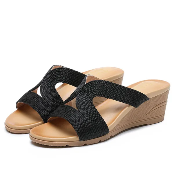 Cyganeria Czarne Przypadkowy Warkocz Sandały Damskie 2020 5 cm Na Koturnie Peep Toe Sandały