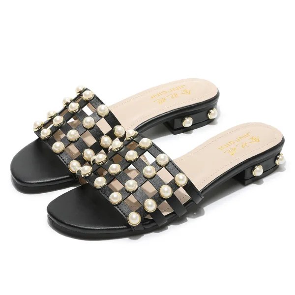 Mooie / Prachtige Zwarte Toevallig Platte Pantoffel & Slippers 2020 Parel Peep Toe Damesschoenen