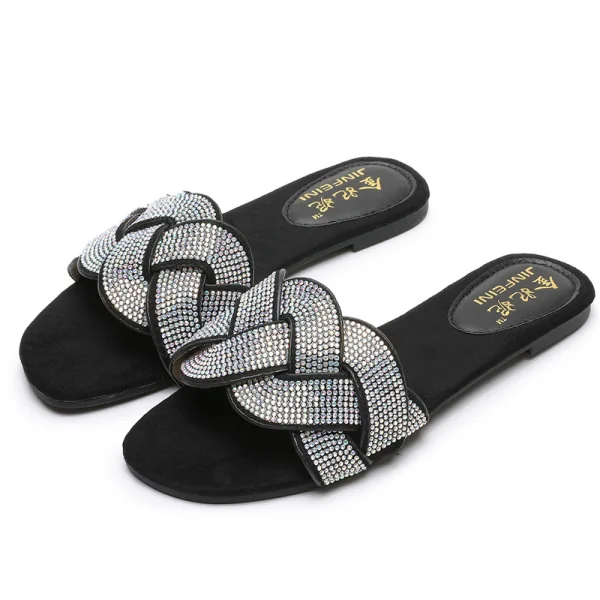 Bohemia Black Casual Rhinestone Flat Slipper & Flip flops 2020 Open / Peep Toe Womens Shoes