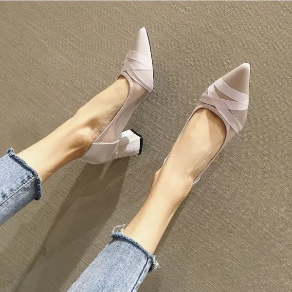 Modest / Simple Beige Casual Pumps 2020 6 cm Thick Heels Pointed Toe Pumps