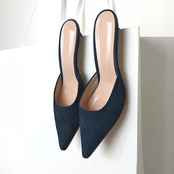 Modest / Simple Navy Blue Street Wear Suede Womens Sandals 2020 8 cm Stiletto Heels Pointed Toe Sandals