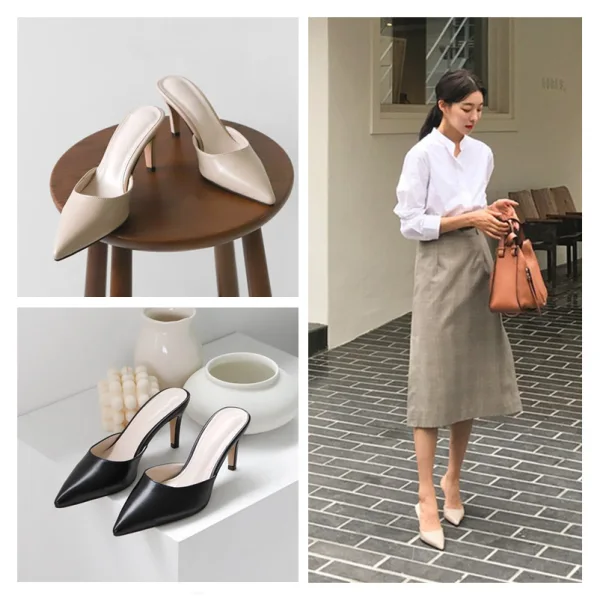 Schlicht Beige Strassenmode Sommer Sandalen Damen 2020 8 cm Stilettos Spitzschuh Sandaletten