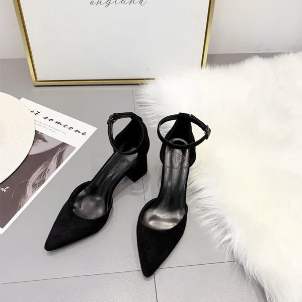 Sexy Brown Summer Street Wear Womens Sandals 2020 Suede Ankle Strap 8 cm Thick Heels Pointed Toe Sandals