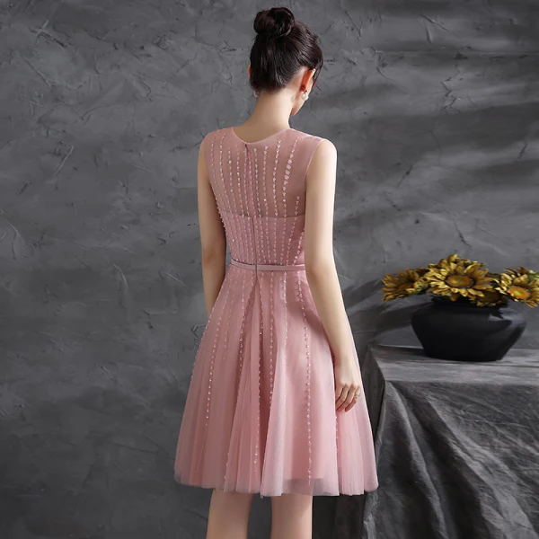 Chic / Beautiful Blushing Pink Sequins Cocktail Dresses Party Dresses 2021 A-Line / Princess Scoop Neck Sleeveless Sash Knee-Length Cocktail Party Formal Dresses