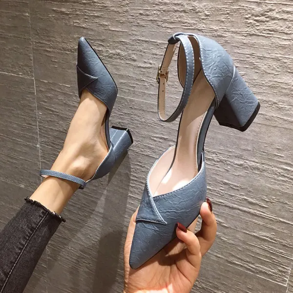 Schöne Beige Freizeit Sommer Sandalen Damen 2020 Knöchelriemen 6 cm Thick Heels Spitzschuh Sandaletten