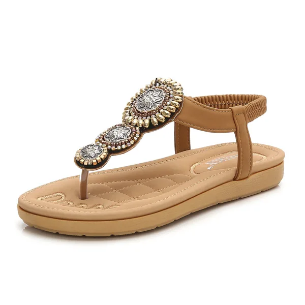 Bohême Noire Été Plage Pantoufle & Tongs 2020 Faux Diamant Peep Toes / Bout Ouvert Plate Chaussures Femmes
