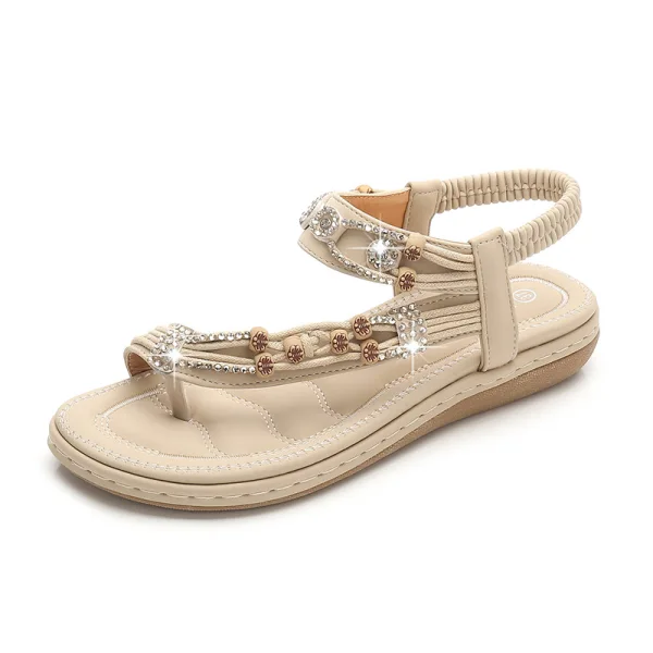 Cyganeria Granatowe Plaża Pantofle & Klapki 2020 Rhinestone Z Paskiem Peep Toe Płaskie Buty Damskie