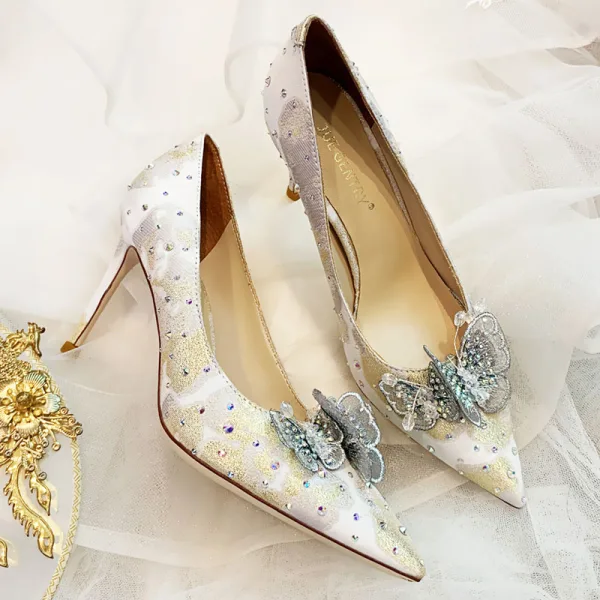 Charmant Ivory / Creme Schmetterling Brautschuhe 2020 Leder Strass 8 cm Stilettos Spitzschuh Hochzeit Pumps