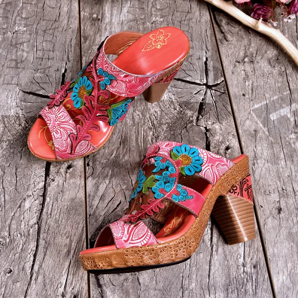 Chic / Beautiful Candy Pink Outdoor / Garden Leather Flower Womens Sandals 2020 8 cm Thick Heels Open / Peep Toe Sandals