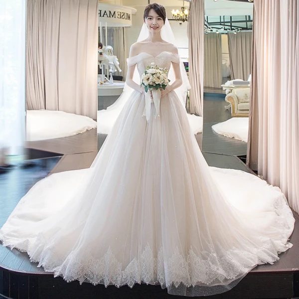 Schöne Champagner Brautkleider 2018 Ballkleid Perlenstickerei Pailletten Mit Spitze Off Shoulder Rückenfreies Ärmellos Königliche Schleppe Hochzeit