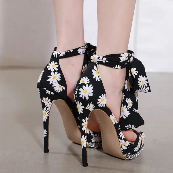 Fashion Black Prom Floral Womens Sandals 2020 Ankle Strap 14 cm Stiletto Heels Open / Peep Toe Sandals
