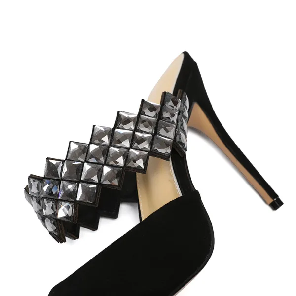 Fashion Summer Black Casual Suede Womens Sandals 2020 Leather Rhinestone 10 cm Stiletto Heels Pointed Toe Sandals