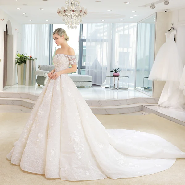 Luxury / Gorgeous Champagne Wedding Dresses 2018 Ball Gown Lace Flower Appliques Beading Sequins Off-The-Shoulder Backless Short Sleeve Cathedral Train Wedding
