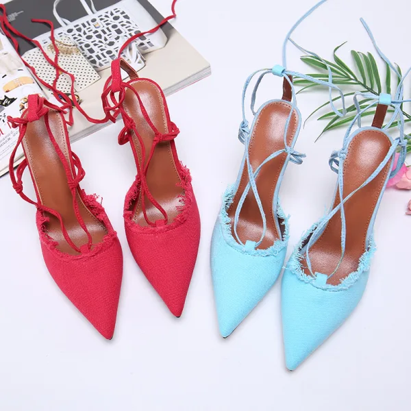 Chic / Beautiful Red Street Wear Womens Sandals 2020 Amazing / Unique Stiletto Heels 10 cm Ankle Strap Pointed Toe Sandals