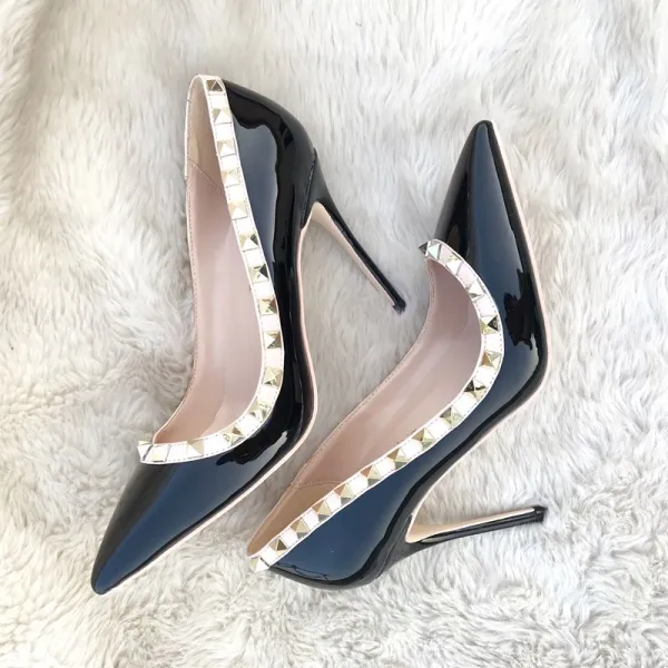 Schöne Schwarz Abend Pumps 2020 Niet Lackleder 10 cm Stilettos Spitzschuh Pumps