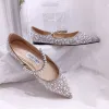 Charming Champagne Silver Flat Pearl Wedding Shoes 2020 Rhinestone Pointed Toe Wedding