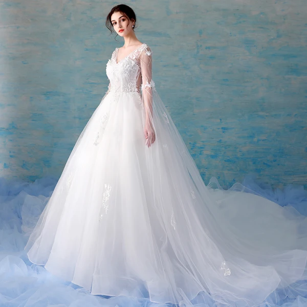 Chic / Belle Blanche Robe De Mariée 2018 Robe Boule En Dentelle Appliques Perlage Paillettes V-Cou Dos Nu 3/4 Manches Cathedral Train Mariage