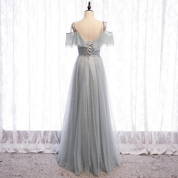 Scintillantes Argenté Gris Robe De Soirée 2020 Princesse Bretelles Spaghetti Paillettes Manches Courtes Dos Nu Longue Robe De Ceremonie