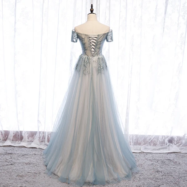 Charmant Himmelblau Abendkleider 2020 A Linie Perlenstickerei Perle Pailletten Spitze Blumen Off Shoulder Rückenfreies Lange Festliche Kleider