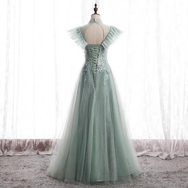 Vintage / Retro Sage Green Prom Dresses A-Line / Princess 2020 Scoop Neck Beading Rhinestone Sequins Sleeveless Backless Floor-Length / Long Formal Dresses