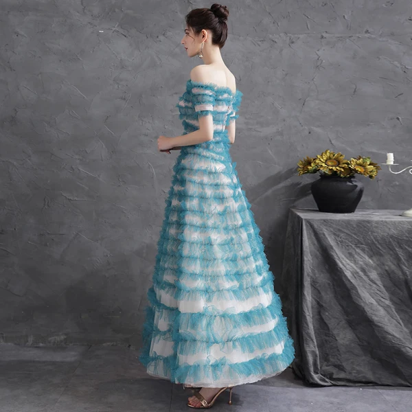 Chic / Beautiful Jade Green Glitter Ruffle Prom Dresses 2021 A-Line / Princess Off-The-Shoulder Short Sleeve Backless Floor-Length / Long Formal Dresses