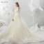 Elegant Champagne Wedding Dresses 2018 Ball Gown Lace Appliques Beading Pearl Off-The-Shoulder Backless Short Sleeve Cathedral Train Wedding