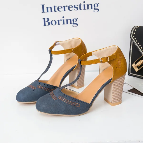 Schlicht Schwarz Strassenmode Sandalen Damen 2020 T-Riemen 8 cm Thick Heels Runde Zeh Sandaletten