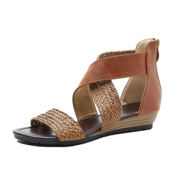 Bohemliv Sommar Röd Stranden Fläta Sandaler Dam 2020 4 cm Låg Klack Peep Toe Sandaler