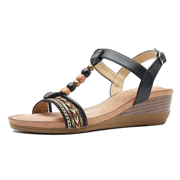 Vintage / Originale Bohême Été Rouge Plage Sandales Femme 2020 T-Strap 4 cm Compensées Talon Bas Peep Toes / Bout Ouvert Sandales