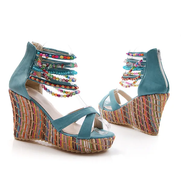 Bohemia Orange Street Wear Summer Womens Sandals 2020 Beading 9 cm Wedges Open / Peep Toe Sandals