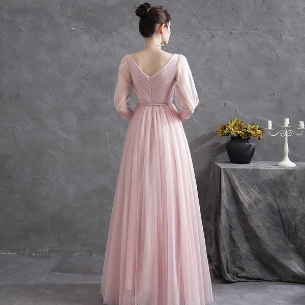Chic / Beautiful Blushing Pink Ruffle Evening Dresses Prom Dresses 2021 A-Line / Princess V-Neck 3/4 Sleeve Backless Sash Floor-Length / Long Evening Party Formal Dresses