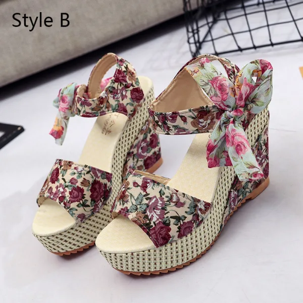 Affordable Outdoor / Garden Black Floral Womens Sandals 2020 Bow 11 cm Wedges Open / Peep Toe Sandals