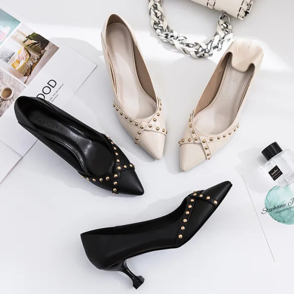 Enkel Svart Kontor OL Pumps 2020 Lær Klinke Stiletthæler 6 cm Spisse Pumps